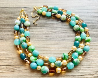 Green Golden Ombré Statement Necklace Set, Green jewelry forest green bib chunky necklace, light green necklace, creamy green beaded jewelry