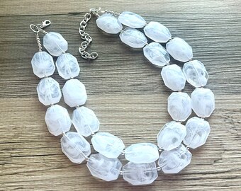 Cloudy White Clear Double Strand statement necklace, big beaded necklace, chunky jewelry, white necklace, clear resin necklace, multi-strand