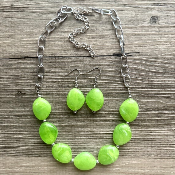 Lime Green Statement Necklace Earrings Lime Green Jewelry Your Choice GOLD or SILVER Green Bib Chunky Necklace Green Necklace Etsy