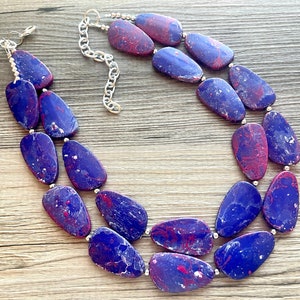 Magenta & Royal Blue Double Layer statement necklace with silver accents, Chunky Jewelry Dark Blue painted beads jewelry