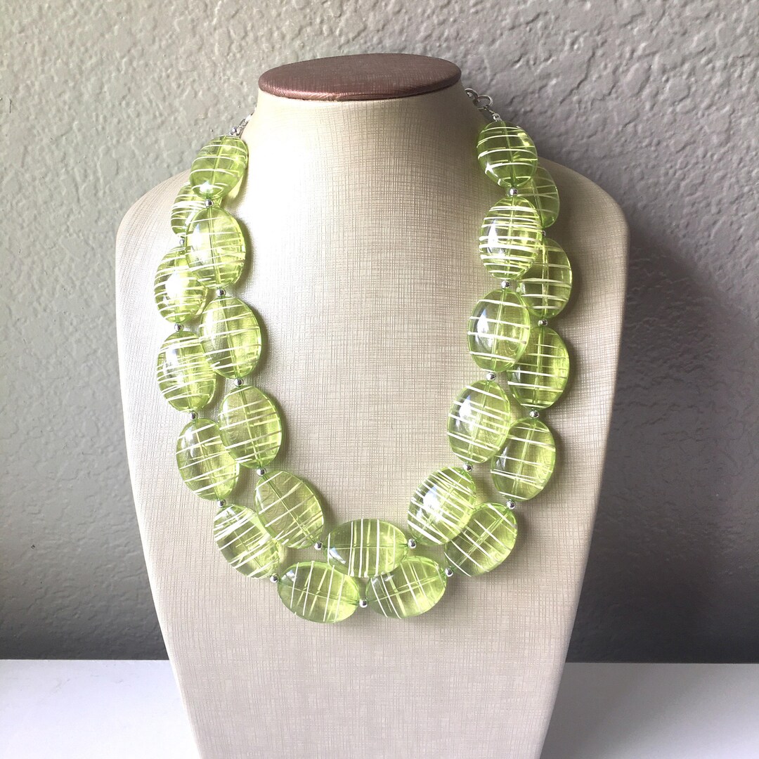 Lime Green Statement Necklace, Chunky Green Necklace, Double Strand