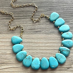 Polished Turquoise GemStone Necklace green blue statement necklace jewelry, long beaded statement layering necklace single strand
