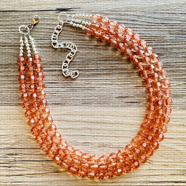 Chunky 3 Strand Coral Statement Necklace, orange brown acrylic beaded jewelry, peach necklace, coral earrings, peach bridesmaid, dressy