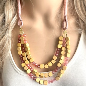 Pink Triple Strand Big Beaded Statement Necklace, pink Jewelry, wood beaded necklace, pink bridesmaid necklace jewelry blush magenta