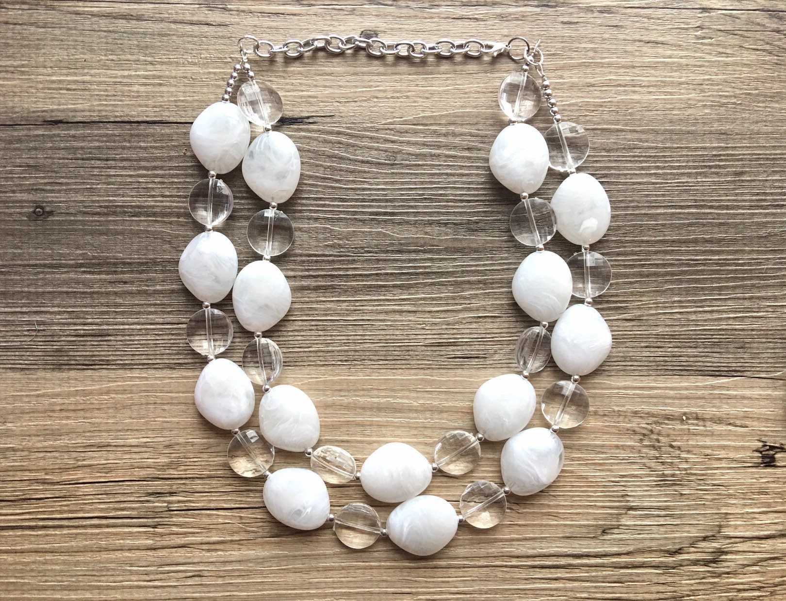 White & Clear Silver Necklace, Statement Necklace, White Jewelry 