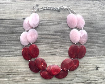 Pink & Red Chunky Statement Necklace, Big beaded jewelry, multi strand Statement Necklace, chunky red and blush bib jewelry earrings