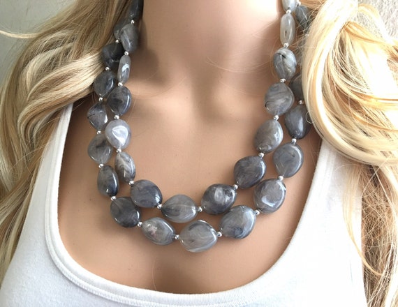 Gray Chunky Statement Necklace Big Beaded Jewelry Double Strand