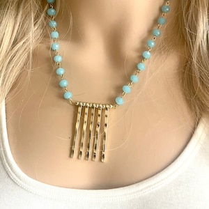 Blue beaded Statement Necklace with gold statement chunky necklace jewelry, vintage findings accent aqua blue teal glass beaded