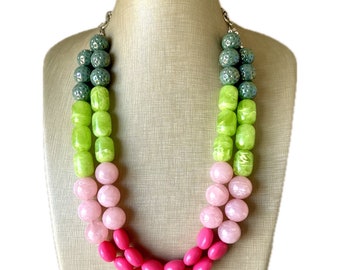 Lime Green & Pink Necklace, Multi Strand Colorful Jewelry  display picture 2