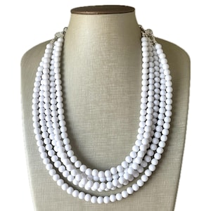 5 Layer White statement necklace with silver accents - bib jewelry cloudy white necklace, white beaded set earrings, chunky thick bib