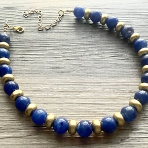 Dark Blue & Gold Necklace, Royal blue ball bead and wood necklace, single strand bib necklace, navy blue statement jewelry