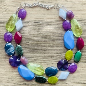 Jewel Tone Peacock Chunky Statement Necklace, Two Strand Beaded Jewelry, Purple Blue Green jewelry, bridesmaid wedding bib