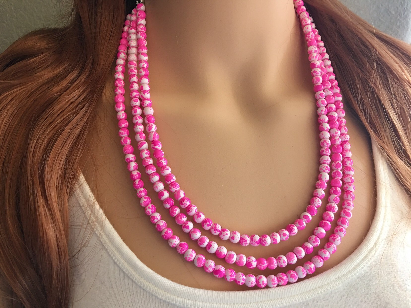Hot Pink TIE DYE 3 Strand Beaded Statement Necklace Chunky Bib