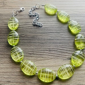Textured Lime Statement Necklace, Big Beaded necklace, chunky beaded green necklace wedding, green jewelry, white striped jewelry