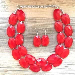 Cherry Red chunky Necklace, bright red jewelry set, big beaded chunky red statement necklace and earrings, crimson red necklace
