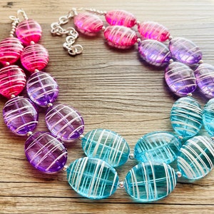 Blue Purple Pink Striped Chunky Statement Necklace double Strand Beaded jewelry, bridesmaid bib blue magenta aqua turquoise hot pink