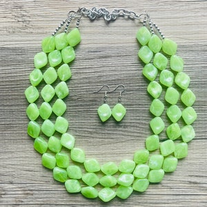 Lime Green 3 Strand Statement Necklace, Chunky Jewelry Big Beaded Necklace, sunshine neon green Necklace, earrings Jewelry Geometric set
