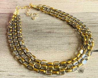 Statementketting met goudkleurige kralen, ketting met drie strengen, grijze sieraden, glazen sieraden, 3 dikke sieraden grijs goud geometrisch statement