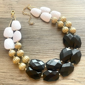 Black White and GOLD Statement Necklace, chunky beaded jewelry, neutral necklace, black and white necklace, beaded jewelry, black necklace