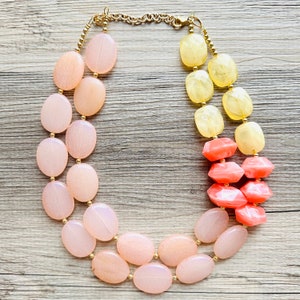 Peach Beach Sunset Big Bead Necklace, double Strand Statement Jewelry, coral Chunky bib bridesmaid coral yellow orange jewelry cream