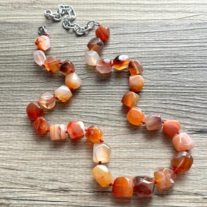 Gemstone Carnelian Chunky Statement Necklace, orange red white gemstone necklace, silver gem jewelry beaded agate glass bead crystals