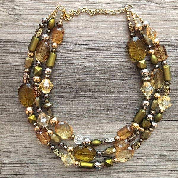 Metallic & Olive 3 Strand statement necklace, big beaded necklace, chunky jewelry, green necklace, gold necklace, multi-strand bib jewelry