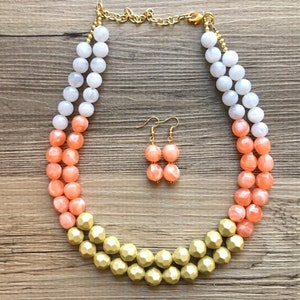 White Peach & metallic gold Necklaces earrings, double strand jewelry, big beaded chunky statement bridesmaid necklace orange