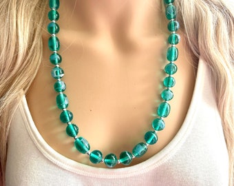 Collar de declaración gruesa de vidrio náutico del acuario, joyas con cuentas grandes, collar de declaración de 1 hebra, lámpara de remolino de agua verde azul