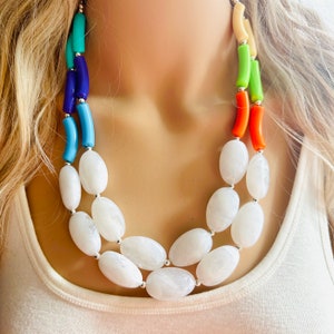 Cloudy Rainbow Chunky Statement Necklace, Big beaded jewelry, Double Strand Statement Necklace, bib white necklace, pink green jewelry