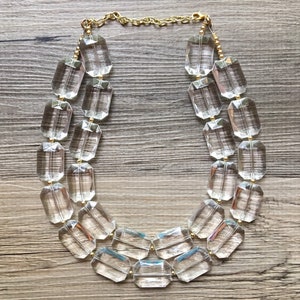 Acrylic Chunky Clear Crystal Statement Necklace, Faceted Everyday neutral jewelry, statement necklace, silver or gold accents chunky bib