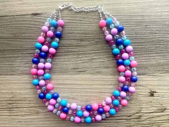 Pink Blue Necklace Multi Strand Jewelry Big Beaded Chunky