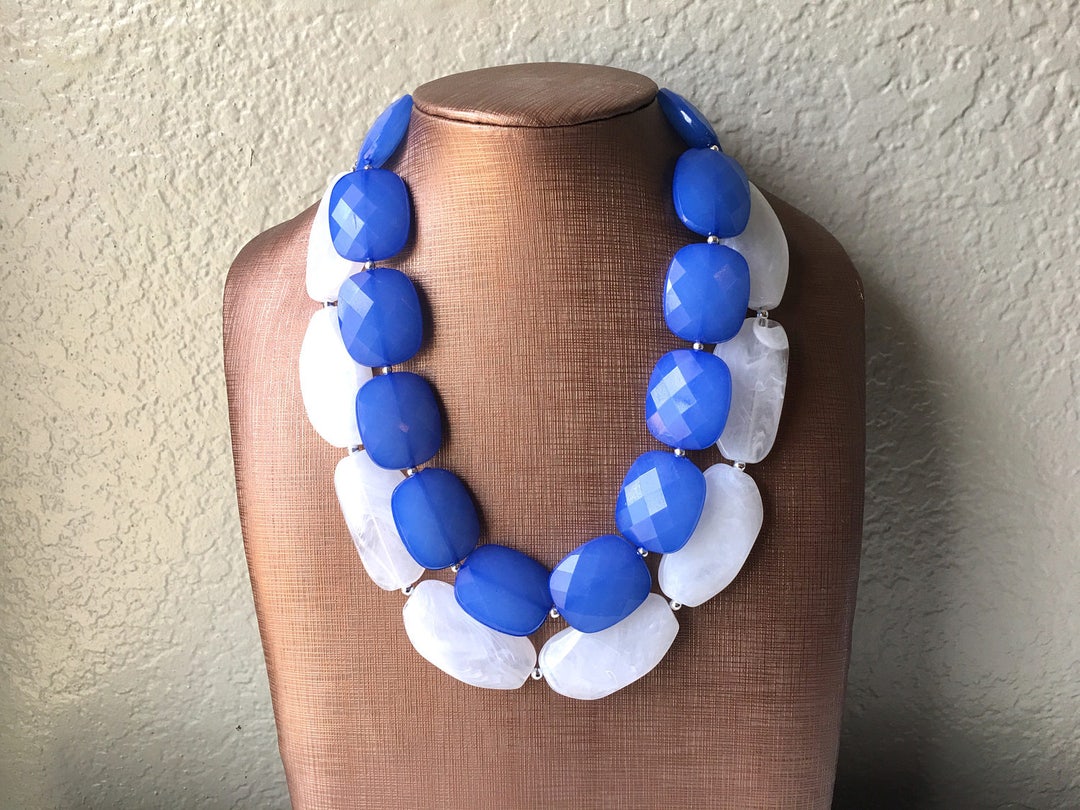 Blue & White Necklace Multi Strand Jewelry Big Beaded Chunky Etsy