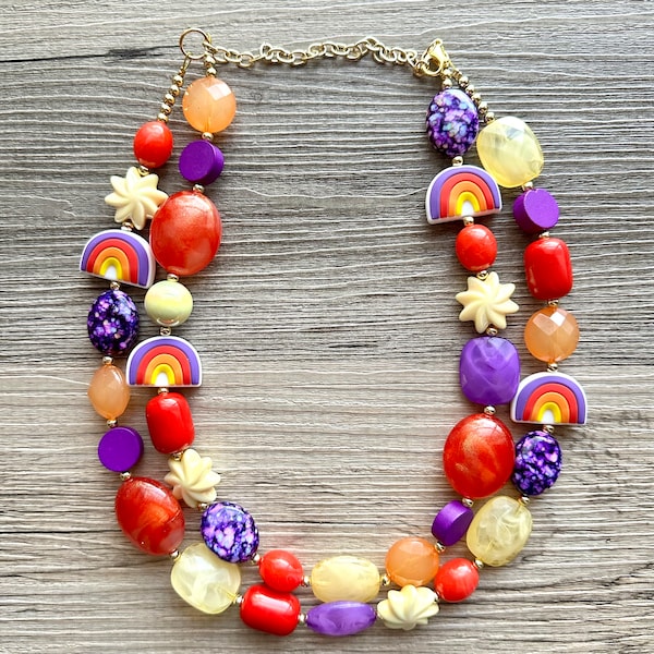 New Orleans double strand OOAK statement Necklace, Red gold Beaded Necklace, summer jewelry rainbow purple resin cranberry yellow orange
