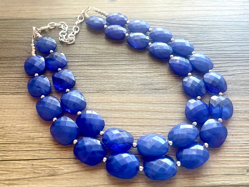 Royal Blue Statement Necklace, Chunky Jewelry Big Beaded Double Strand Necklace, Dark Blue Necklace, Blue Jewelry Set, Dark Blue Beaded image 2