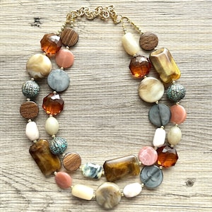 LAST one! Neutral Shell Statement Necklace, colorful jewelry, metallic chunky necklace, brown tan geometric, gold layering necklace cream