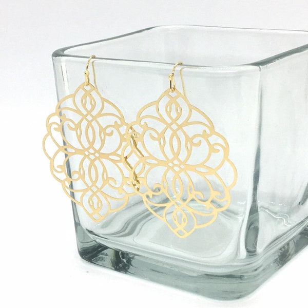 Shiny Filigree Earrings, gold drop Metal Filigree Earrings, filigree jewelry, metallic gold jewelry cutout lace earrings, metal geometric