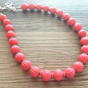 Coral Peach Vintage single Strand statement necklace, big beaded chunky jewelry, Coral Orange Bib Jewelry Set, earring jewelry