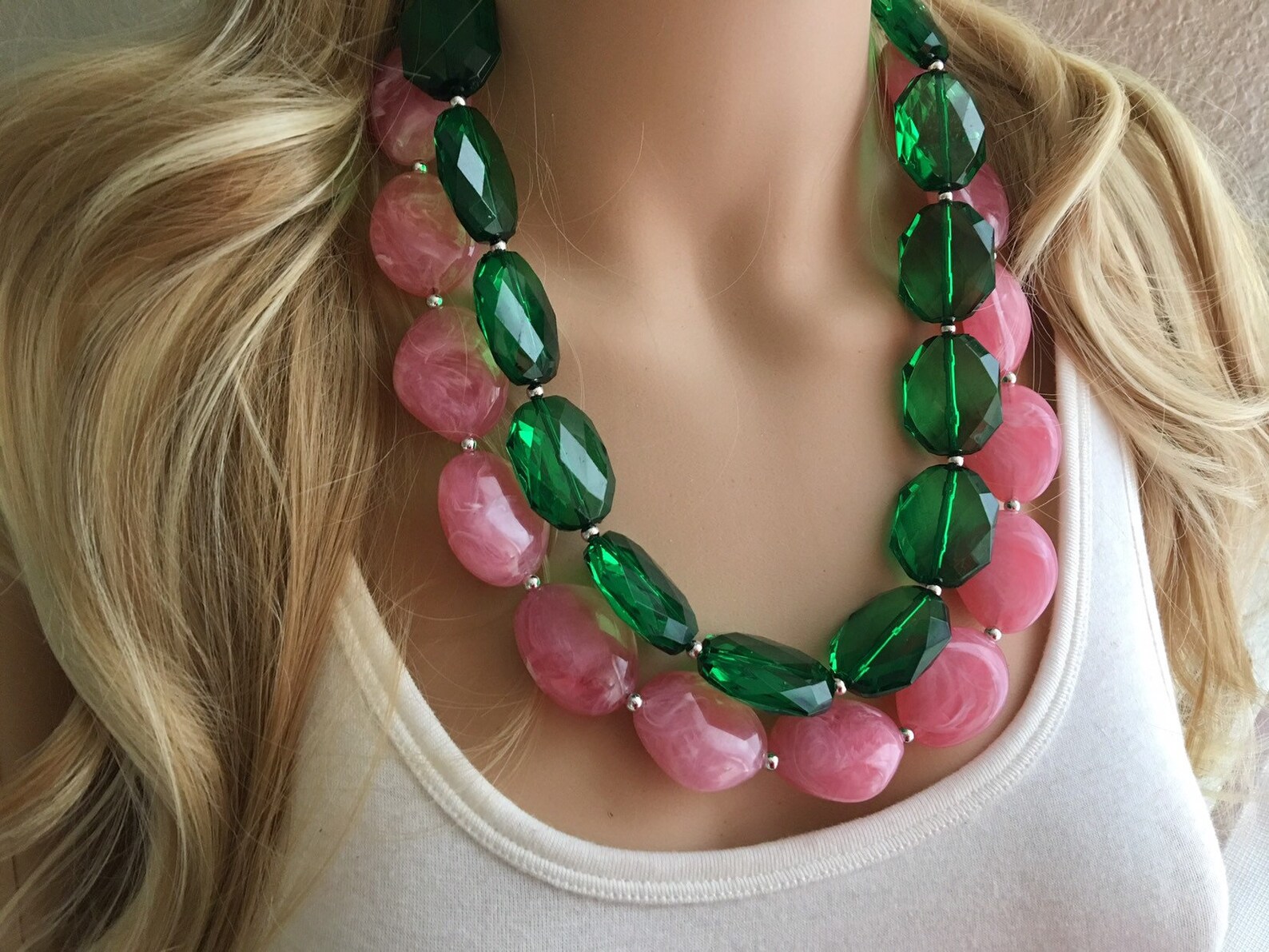 Pink & Green Chunky Statement Necklace Big beaded jewelry Etsy