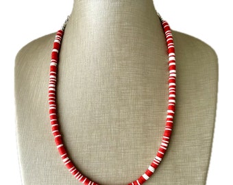 Rot & Weiss Heishi Perlen Halskette, Bunter Schmuck, Chunky Statement Layering Perlen Halskette, Farbblock Halskette Weihnachten Dezember