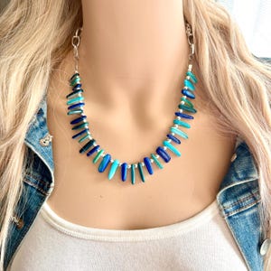 Polished Shell Blue Jewel Tones Chunky Statement Necklace, boho necklace, gemstone gem jewelry, beaded green stone spiky jewelry silver