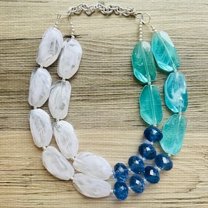 Aquarium Nautical Chunky Statement Necklace, Big beaded jewelry, 2 Strand Statement Necklace, blue green white chunky necklace bib jewels