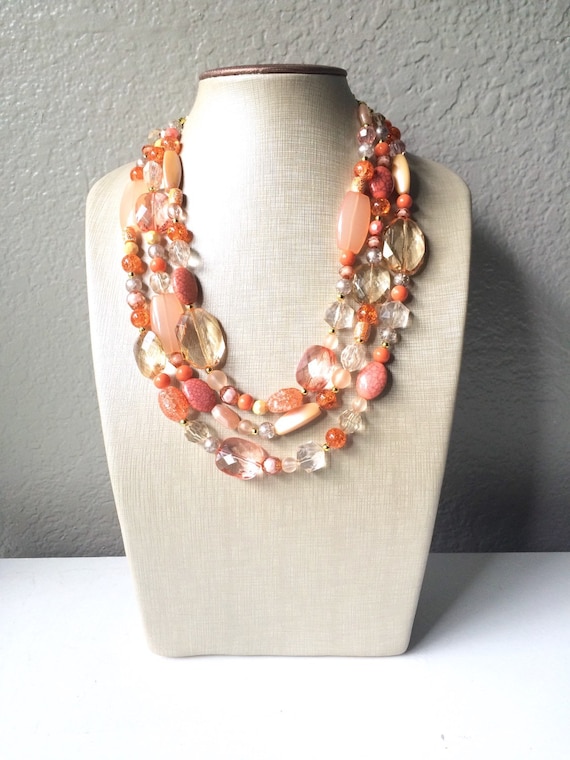 Coral peach druzy triple strand layered necklace