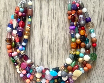 Rainbow Confetti Statement Necklace, chunky multi-strand jewelry, yellow pink colorful necklace, silver jewelry, neon wood jewelry