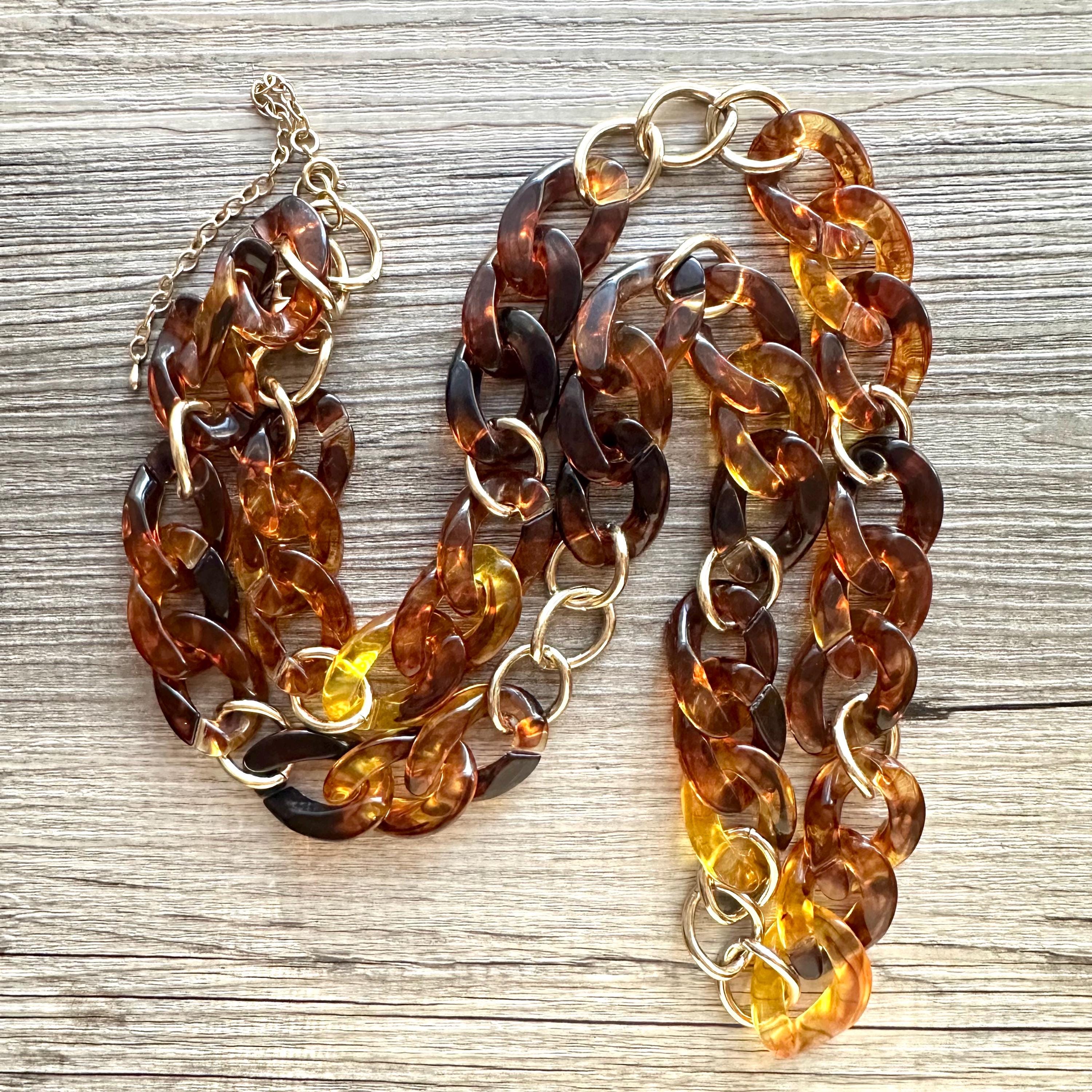 Tortoise Shell & Gold Long Acrylic Necklace, Brown Linking Acetate