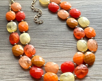 Crisp Harvest Statement Necklace, fall colors Mustard Gold Necklace, 2 Strand Statement necklace, vintage tan brown chunky orange red