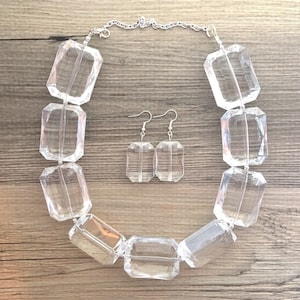 Extra Chunky Single Strand Clear Crystal Statement Necklace and earrings set, large lucite resin big bead acetate acrylic necklace