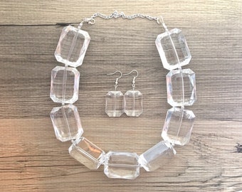 Extra Chunky Single Strand Clear Crystal Statement Necklace and earrings set, large lucite resin big bead acetate acrylic necklace