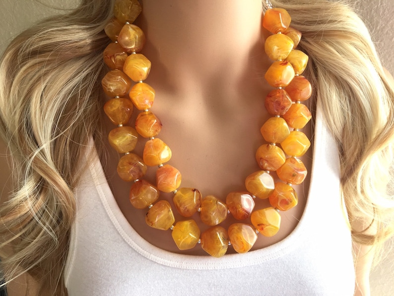Bib necklace Firey Marigold Chunky Statement Necklace yellow bridesmaid wedding red orange Statement Necklace Big beaded jewelry