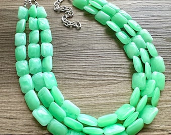 Mint Green Statement Necklace Set, Green jewelry mint green bib chunky necklace, light green necklace, creamy green beaded jewelry