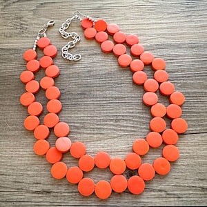 Crisp Harvest Statement Necklace, fall colors Hot Orange Necklace, 2 Strand Statement necklace, vintage wood chunky orange red neon